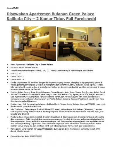 sewa apartemen kalibata city tower sakura